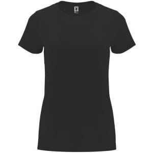 A black T-shirt with a classic crew neckline and short sleeves, featuring a logo.