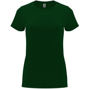 A dark green Capri T-shirt with a classic crew neck and short sleeves, featuring a logo on the tag.
