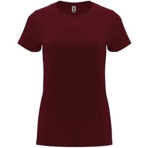 A burgundy Capri T-Shirt with a crew neckline and short sleeves, featuring a logo on the label.