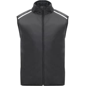 A black ultra-light windbreaker vest with a high collar and reflective detailing on the shoulders.