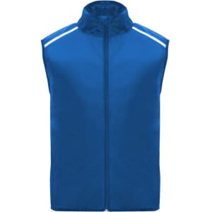 A blue windbreaker vest with a zip front and reflective strips on the shoulders. It features a logo on the chest.