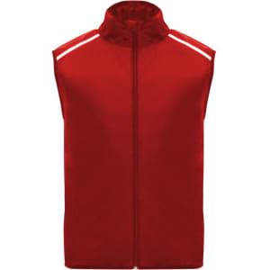 A red ultra-light windbreaker vest with a high collar and reflective stripes. It features a front zipper and no sleeves.