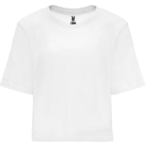 A white cropped top with short sleeves and a round neckline. It features a logo on the inside label.
