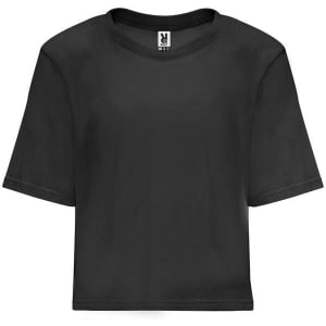 A cropped black T-shirt with a relaxed fit and short sleeves, featuring a subtle logo.