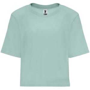 A light mint green cropped top with a relaxed fit and short sleeves, featuring a logo on the label.