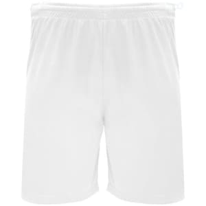 White sports shorts featuring an elastic waistband and side pockets, with a logo on the waistband.