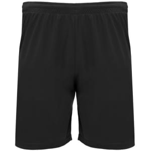 Black sports shorts with an elastic waistband, featuring a logo. Simple design suitable for athletic activities.