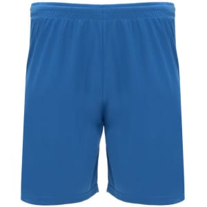 Blue sports shorts with an elastic waistband, featuring a branded logo. Suitable for athletic activities.