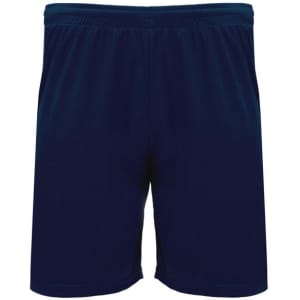 Navy blue sports shorts with an elastic waistband and a logo. Suitable for athletic activities.