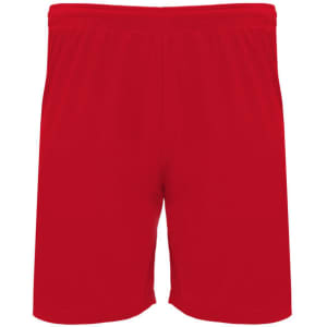 Red sports shorts with an elastic waistband, featuring a simple design and a logo.