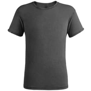 A grey T-shirt with rolled sleeves and a round neckline, featuring a logo on the upper part.