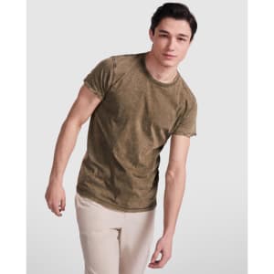 A fitted olive green T-shirt with rolled sleeves, displayed on a model in a neutral background.