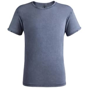 A blue husky t-shirt with a classic crew neck and rolled sleeves. It features a logo.