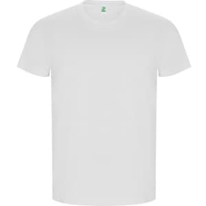 A plain white T-shirt with a round neckline and short sleeves, featuring a small logo on the label.