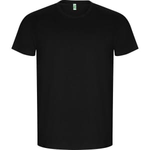 A black t-shirt with a round neckline and short sleeves. Features a logo on the label.