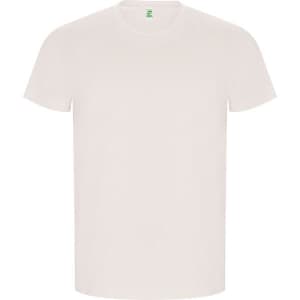 A plain white T-shirt with a round neckline and short sleeves, featuring a logo on the inside label.