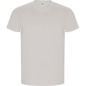 A plain light grey t-shirt with a crew neck and short sleeves, featuring a small logo on the neck label.