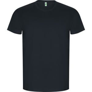 A plain black t-shirt with short sleeves, featuring a label inside the collar.