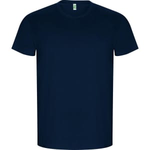 A navy blue T-shirt with a standard crew neck design. It features a logo on the label.