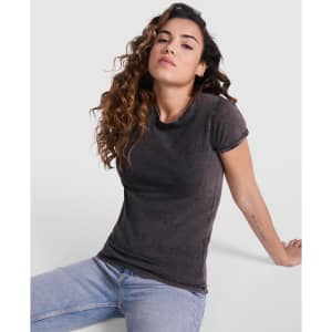 A dark grey women's t-shirt, featuring a fitted style, short sleeves, and a slight distressed look, with branding visible.