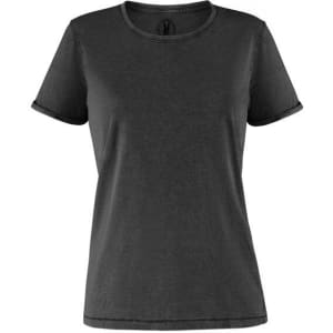 A black women's T-shirt with a crew neck and short sleeves, featuring a logo on the front.
