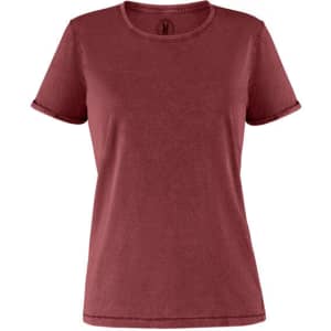 A burgundy women's T-shirt featuring a round neck and short sleeves, with a logo on the neckline.