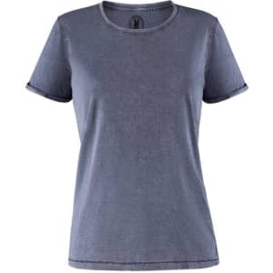 A women's T-shirt in a faded blue shade with short sleeves and a simple neckline. It has a logo.