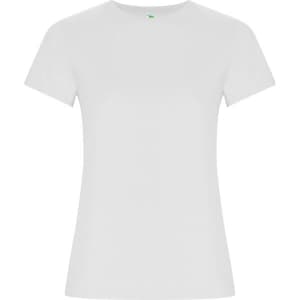 A plain white women's T-shirt with short sleeves. The shirt has a simple, classic design and features a branding logo.
