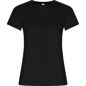 A black women's T-shirt with short sleeves and a slightly fitted silhouette. It features a logo on the label.
