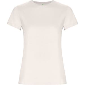 A white women's T-shirt with a classic cut and short sleeves. The shirt features a logo.