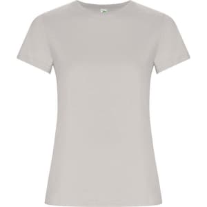 A light grey women's T-shirt with short sleeves, featuring a simple design and a branded label.