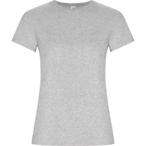 A grey women's T-shirt with a classic crew neck and short sleeves, featuring a logo on the label.