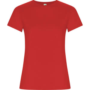 A red women's T-shirt featuring short sleeves and a round neckline, with a logo on the label.