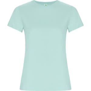 A mint green women's T-shirt with short sleeves and a round neck. It includes a logo on the label.