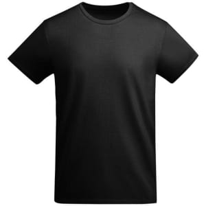 A plain black T-shirt with short sleeves and a round neckline. It features a branding logo.