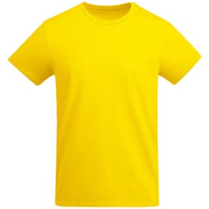 A bright yellow t-shirt with a crew neck and short sleeves, featuring a logo.