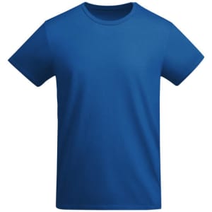 A blue t-shirt with a crew neck design and short sleeves, featuring a logo.