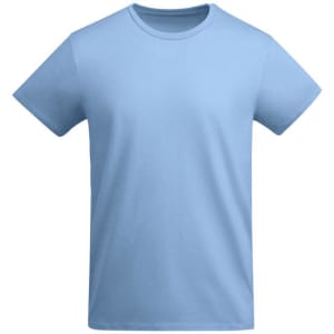 A light blue t-shirt with short sleeves and a round neckline, featuring a logo on the front.