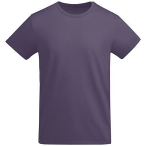 A purple T-shirt with a classic crew neck and short sleeves. The shirt features a logo.
