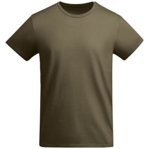A plain olive green t-shirt with short sleeves and a crew neck. It features a logo on the front.
