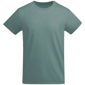 A light green t-shirt with a round neck and short sleeves, featuring a subtle branding logo.