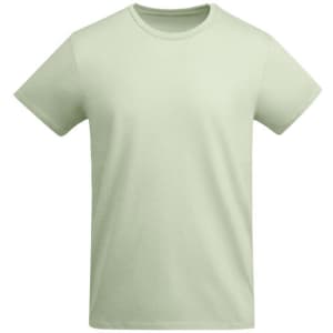 A light green t-shirt with a round neckline and short sleeves, featuring a logo on one side.