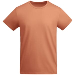 A plain orange T-shirt featuring a round neckline and short sleeves. Branding is present.