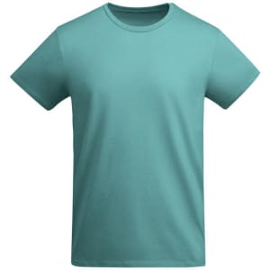 A turquoise T-shirt featuring a round neckline and short sleeves, with a small logo on the front.