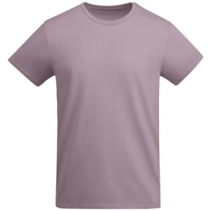 A lilac T-shirt with a classic crew neckline and short sleeves. It features a branding logo.