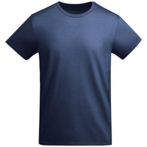 A navy blue t-shirt featuring a crew neck design and short sleeves, with a logo on the front.