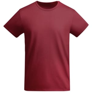 A burgundy t-shirt with a classic crew neckline and short sleeves, featuring a logo.