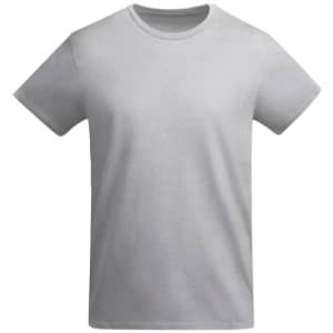 A grey t-shirt featuring a round neckline and short sleeves, with a logo on the front.