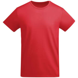 A red t-shirt with a crew neckline and short sleeves, featuring a logo on the front.