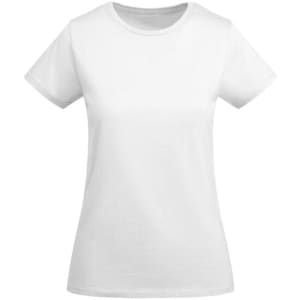 A women's T-shirt in white, featuring a classic crew neck and short sleeves, with a logo on it.